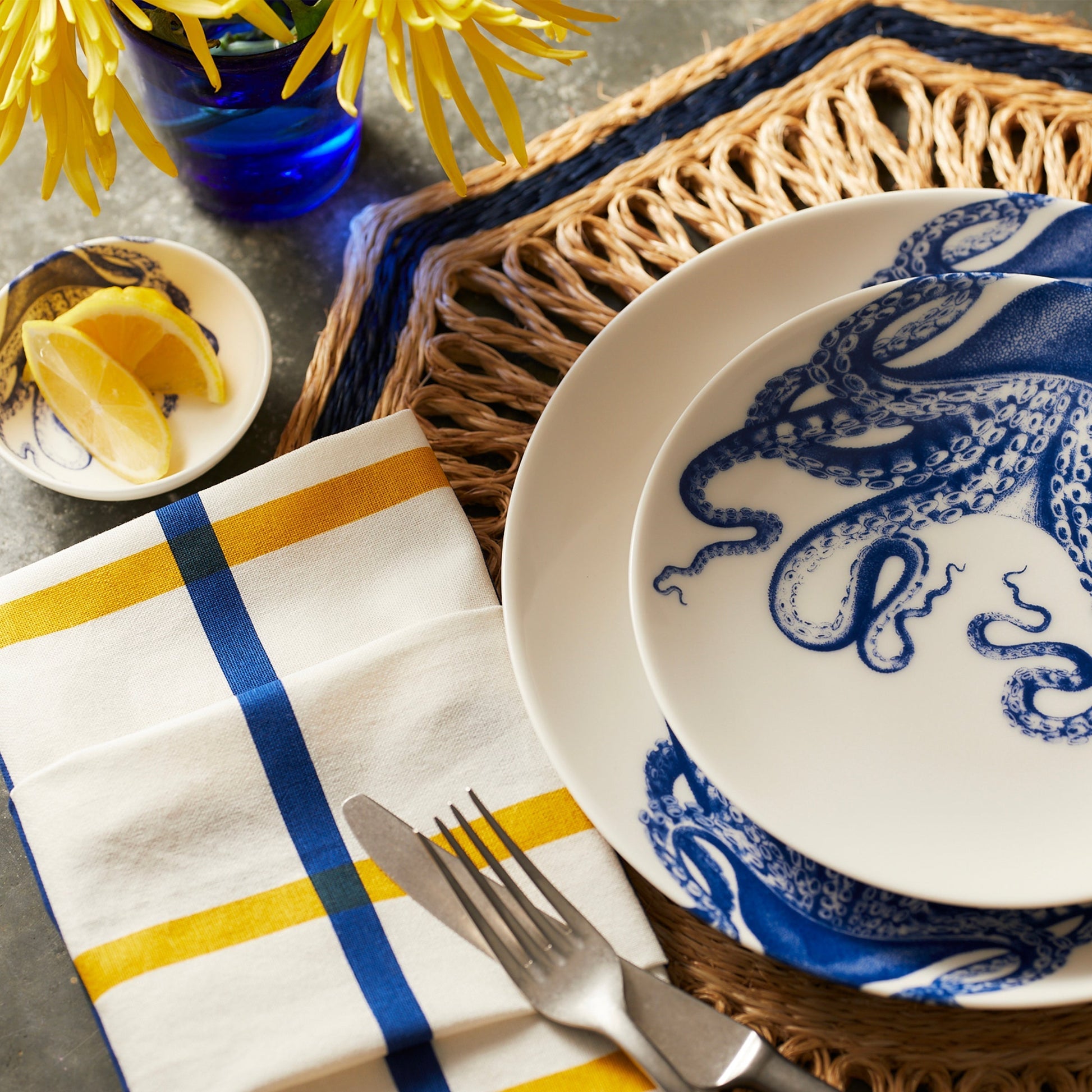  Plaid Dinner Napkins In Blue & Yellow Set/4
