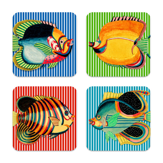  Party Fish Birchwood Coasters, Set Of 4