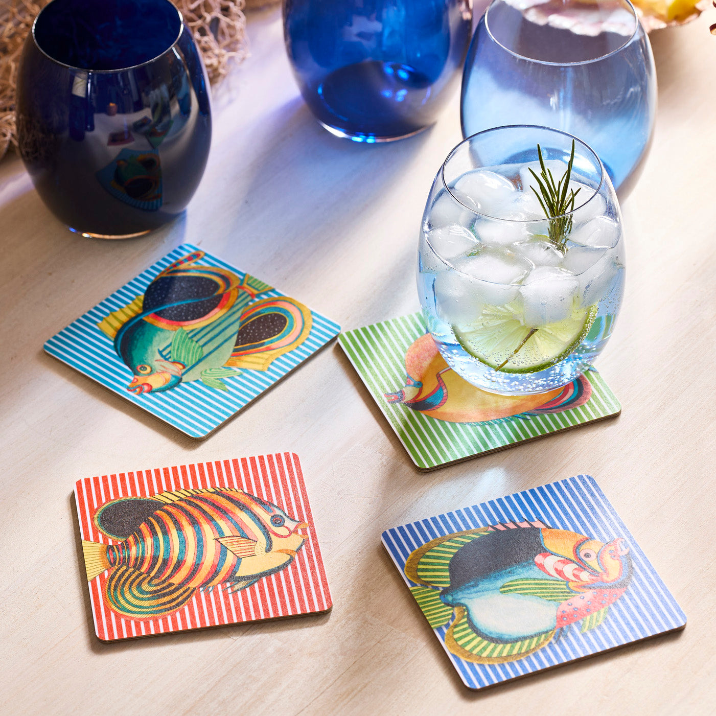 Party Fish Birchwood Coasters, Set Of 4