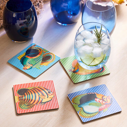  Party Fish Birchwood Coasters, Set Of 4