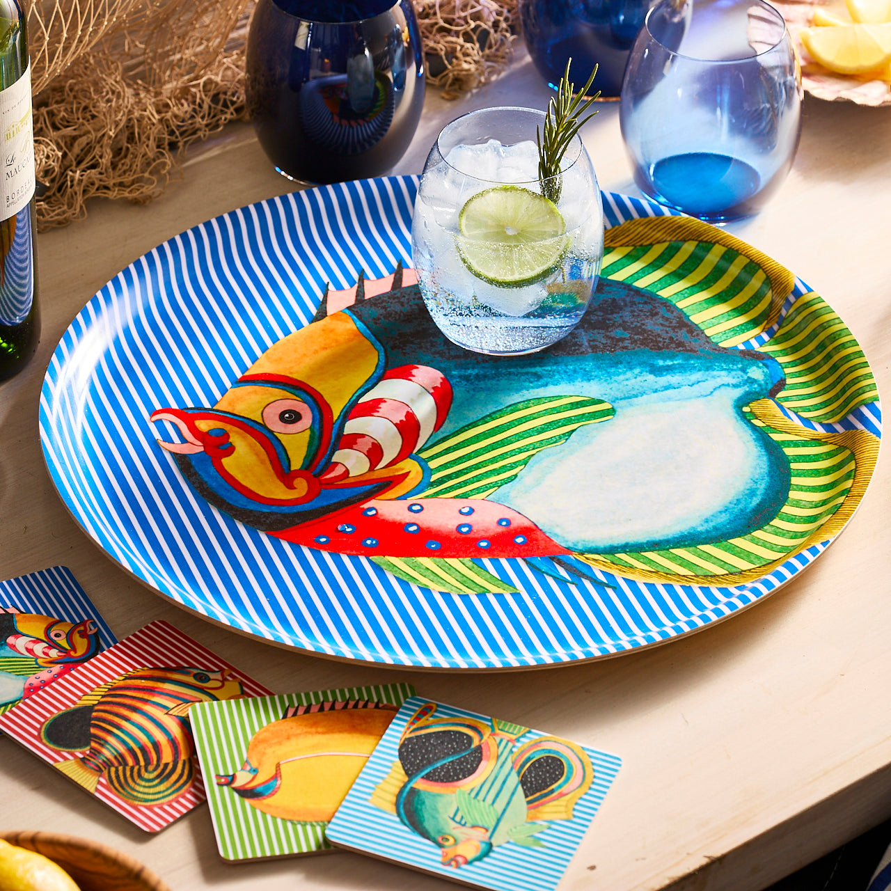  Party Fish Large Round Birchwood Tray