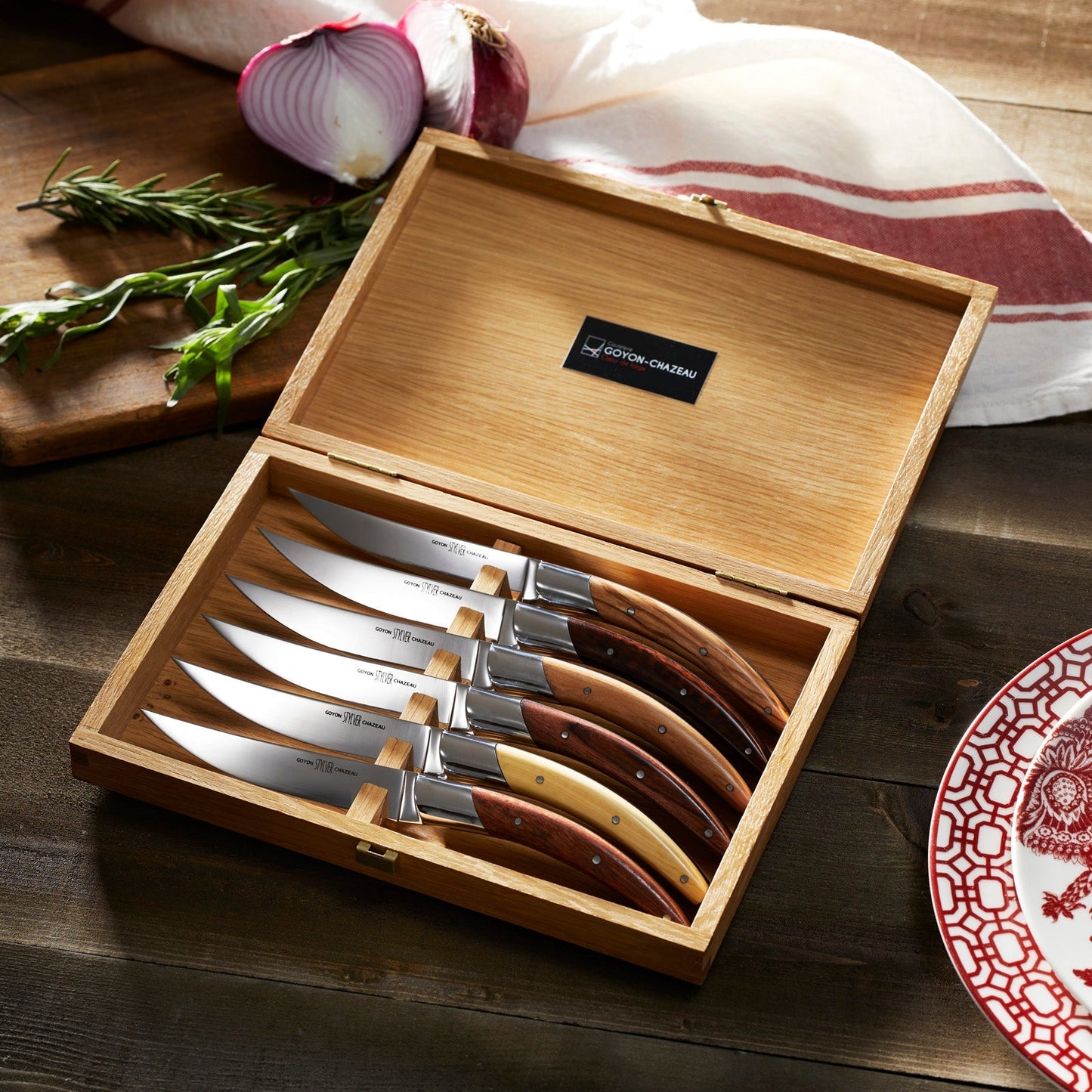  Goyon-Chazeau Styl'ver Mixed Wood Steak Knives Boxed Set/6