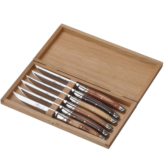  Goyon-Chazeau Mixed Wood Le Thiers Steak Knives Boxed Set/6