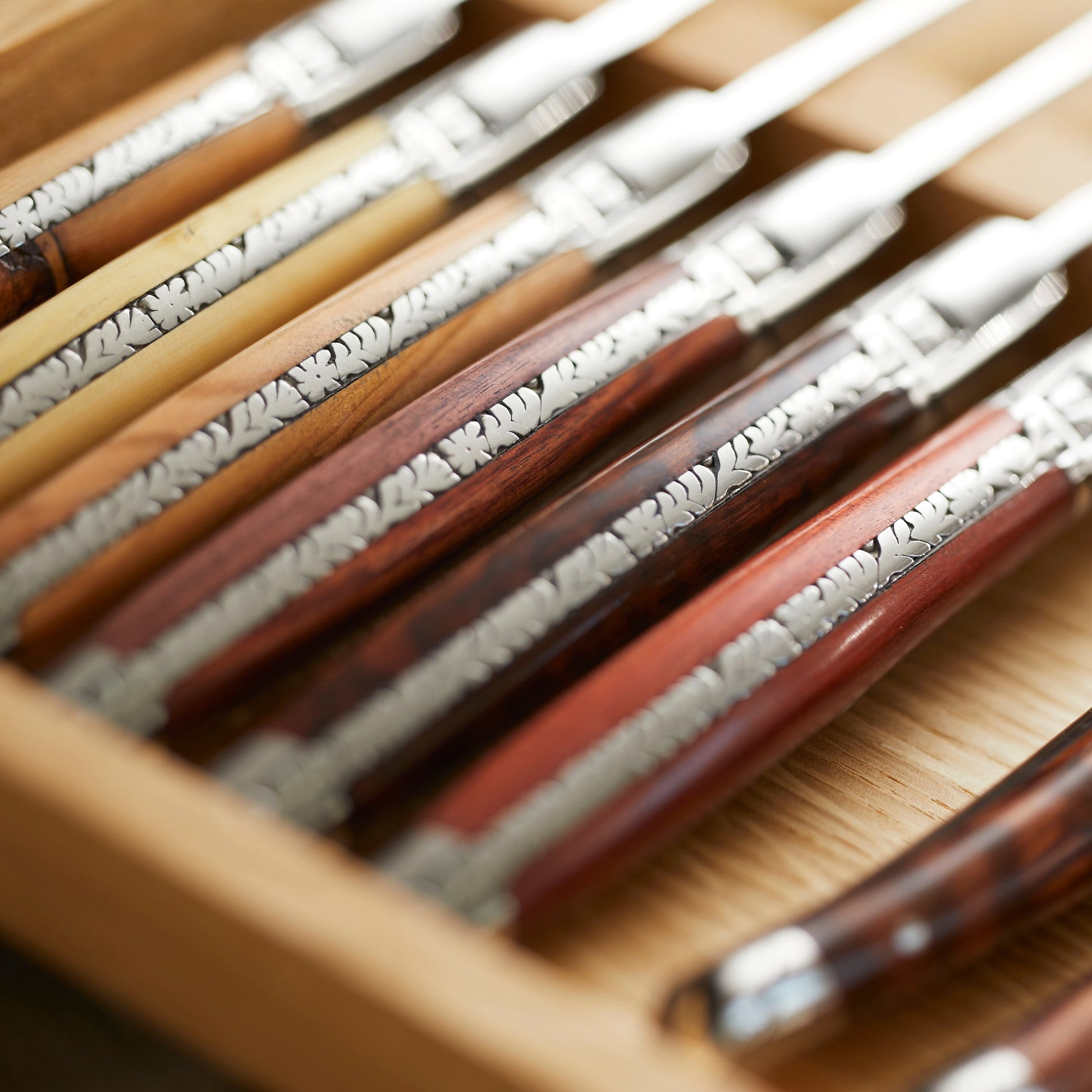  Goyon-Chazeau Mixed Wood Le Thiers Steak Knives Boxed Set/6