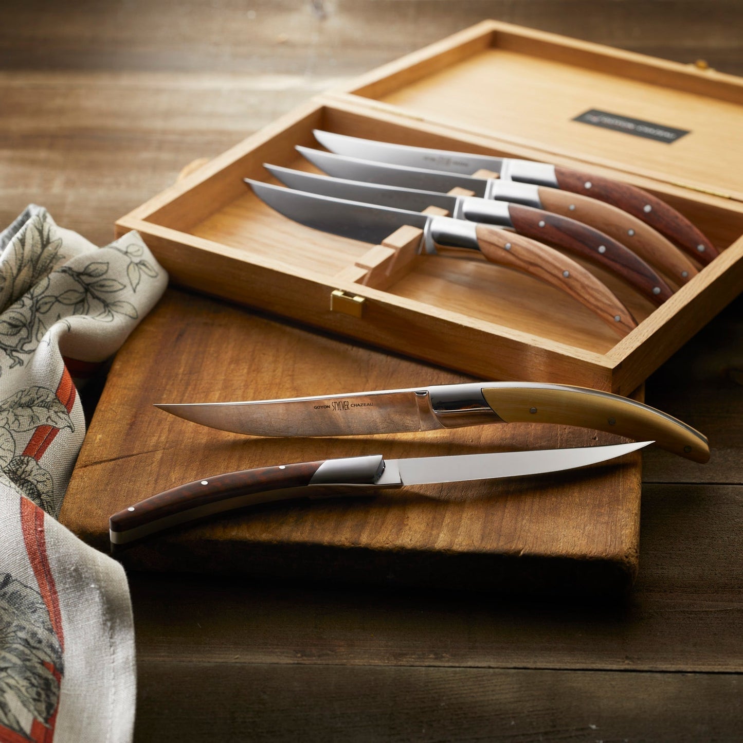  Goyon-Chazeau Styl'ver Mixed Wood Steak Knives Boxed Set/6