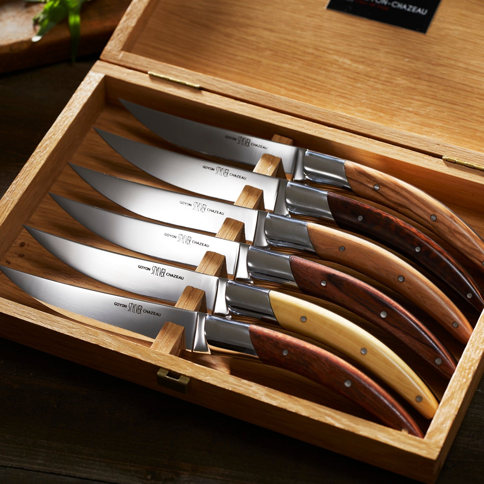  Goyon-Chazeau Styl'ver Mixed Wood Steak Knives Boxed Set/6