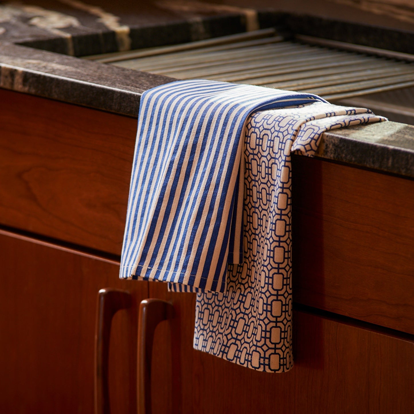  Newport Garden Gate & Pinstripe Blue Kitchen Towels, Mixed Set Of 2