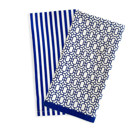  Newport Garden Gate & Pinstripe Blue Kitchen Towels, Mixed Set Of 2