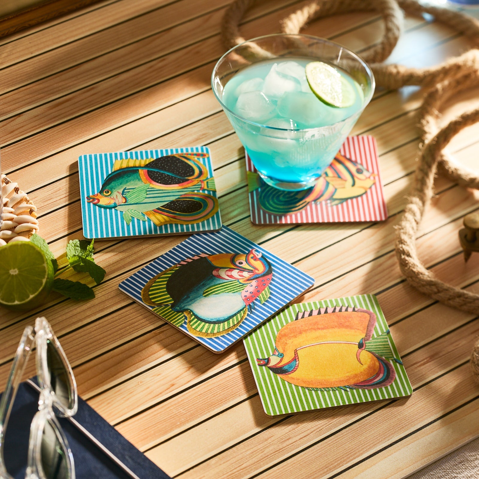  Party Fish Birchwood Coasters, Set Of 4