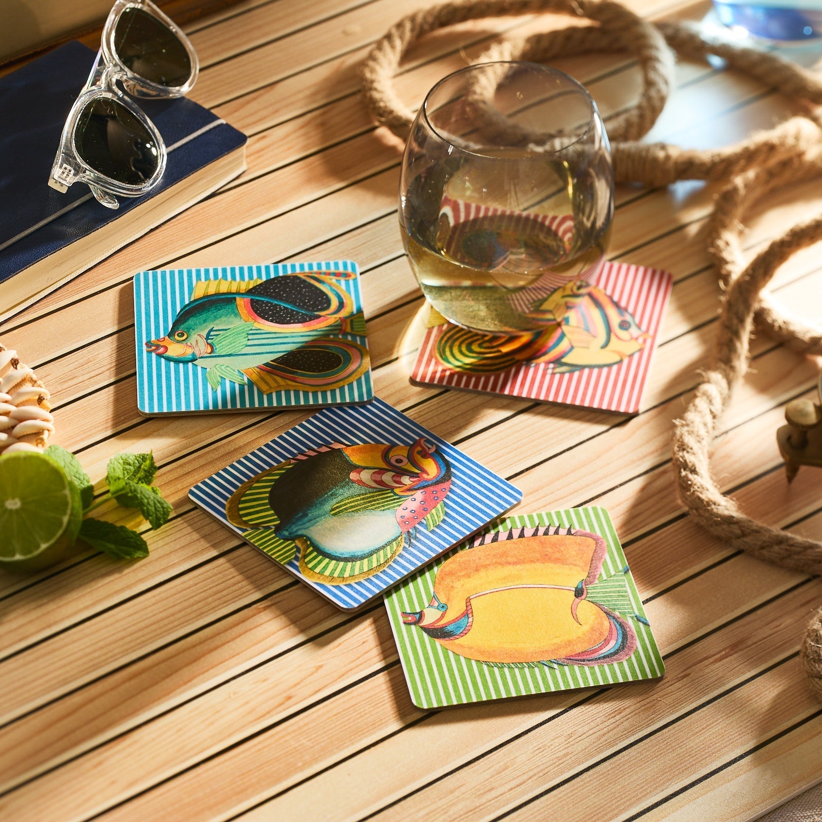  Party Fish Birchwood Coasters, Set Of 4