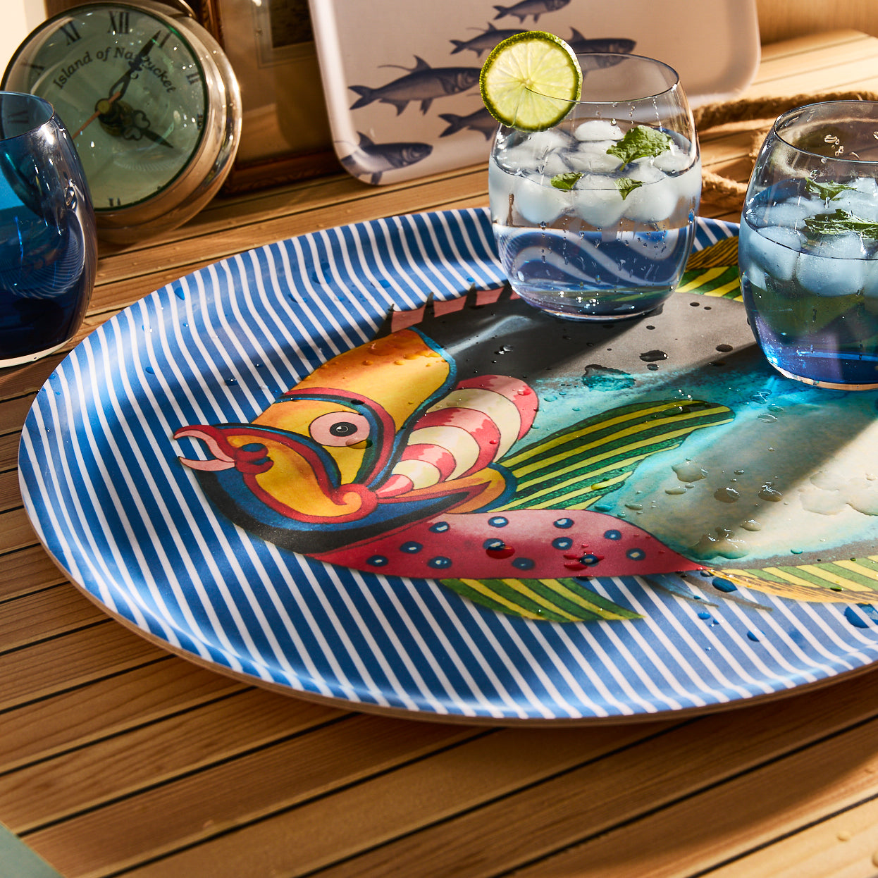 Party Fish Large Round Birchwood Tray