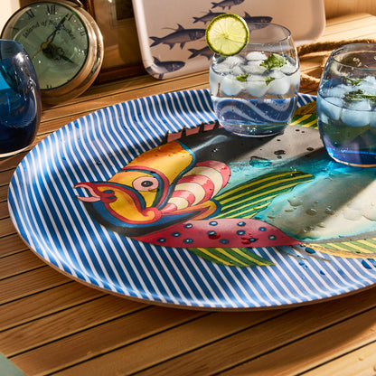  Party Fish Large Round Birchwood Tray