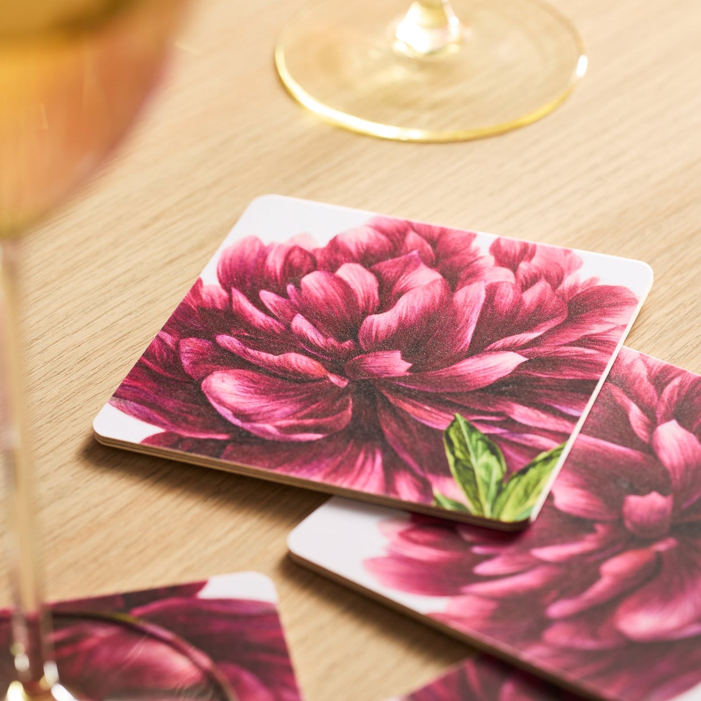  Pink Peony Birchwood Coasters, Set Of 4