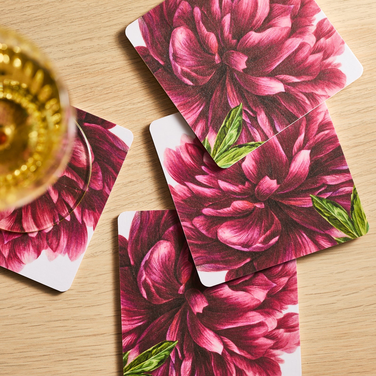  Pink Peony Birchwood Coasters, Set Of 4